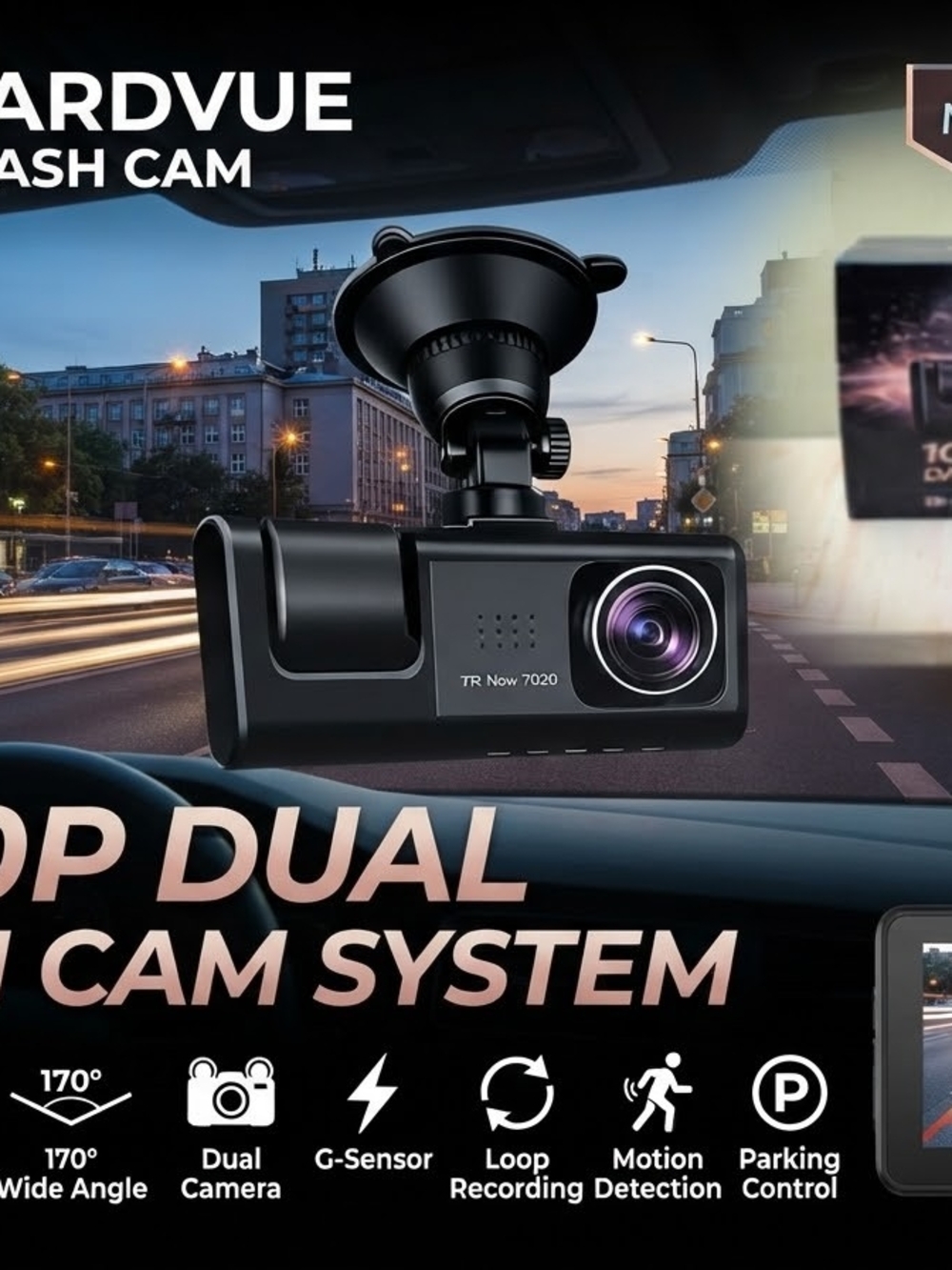 GuardVue 1080P Dual Dash Cam System Front & Rear Recording Night Vision 170°